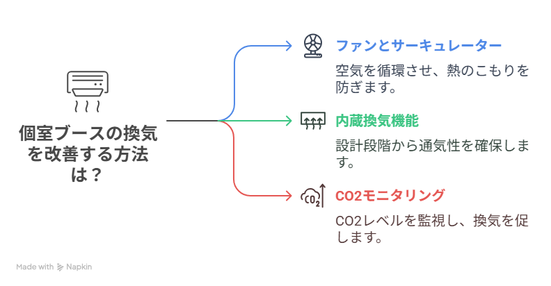 個室ブースの夏対策、換気と空気の流れの図解イラスト