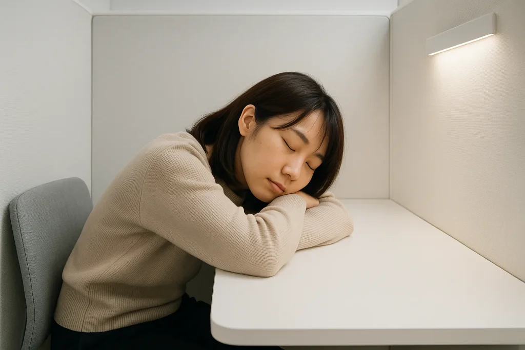 ワークブース内で仮眠している女性の写真