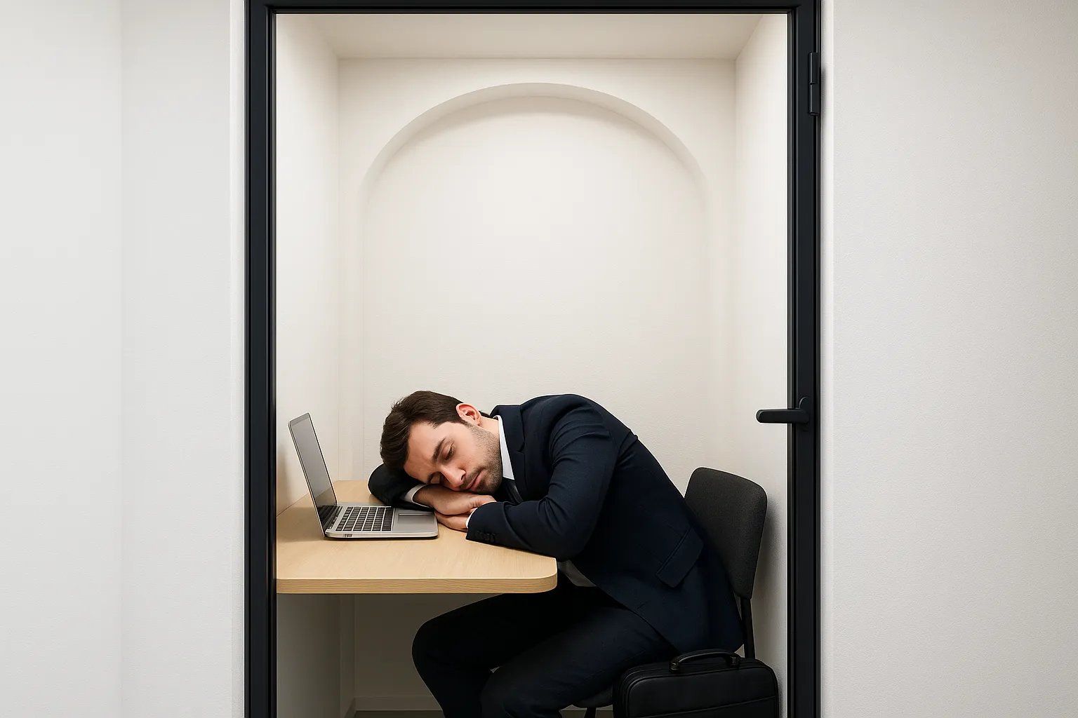 個室ブース内で仮眠している写真