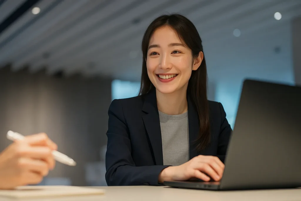 オフイスで笑顔で働く女性の写真